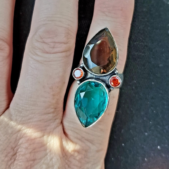 New Stunning Smoky and Green Quartz, Garnet 925 Silver Ring. - Picture 10 of 11